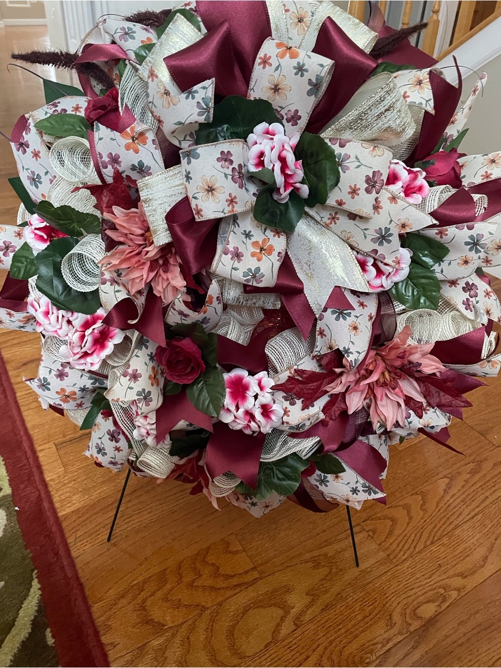 Burgundy Floral Ribbon Holiday Wreath